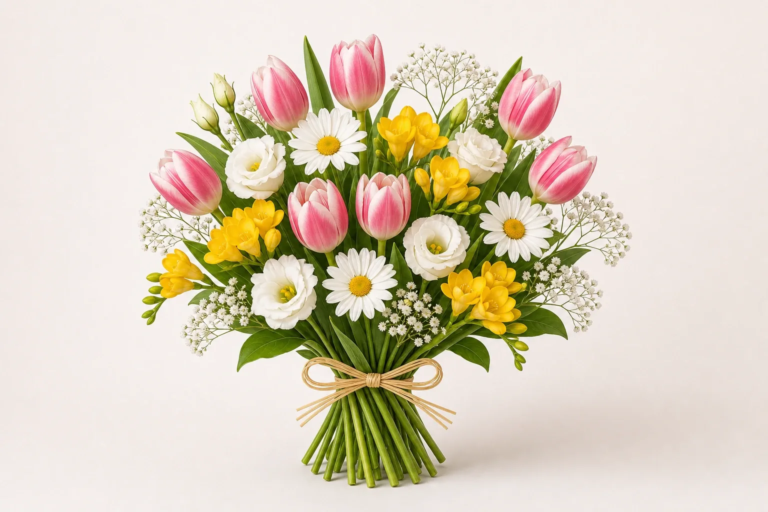 Fresh name day bouquet of tulips and freesias