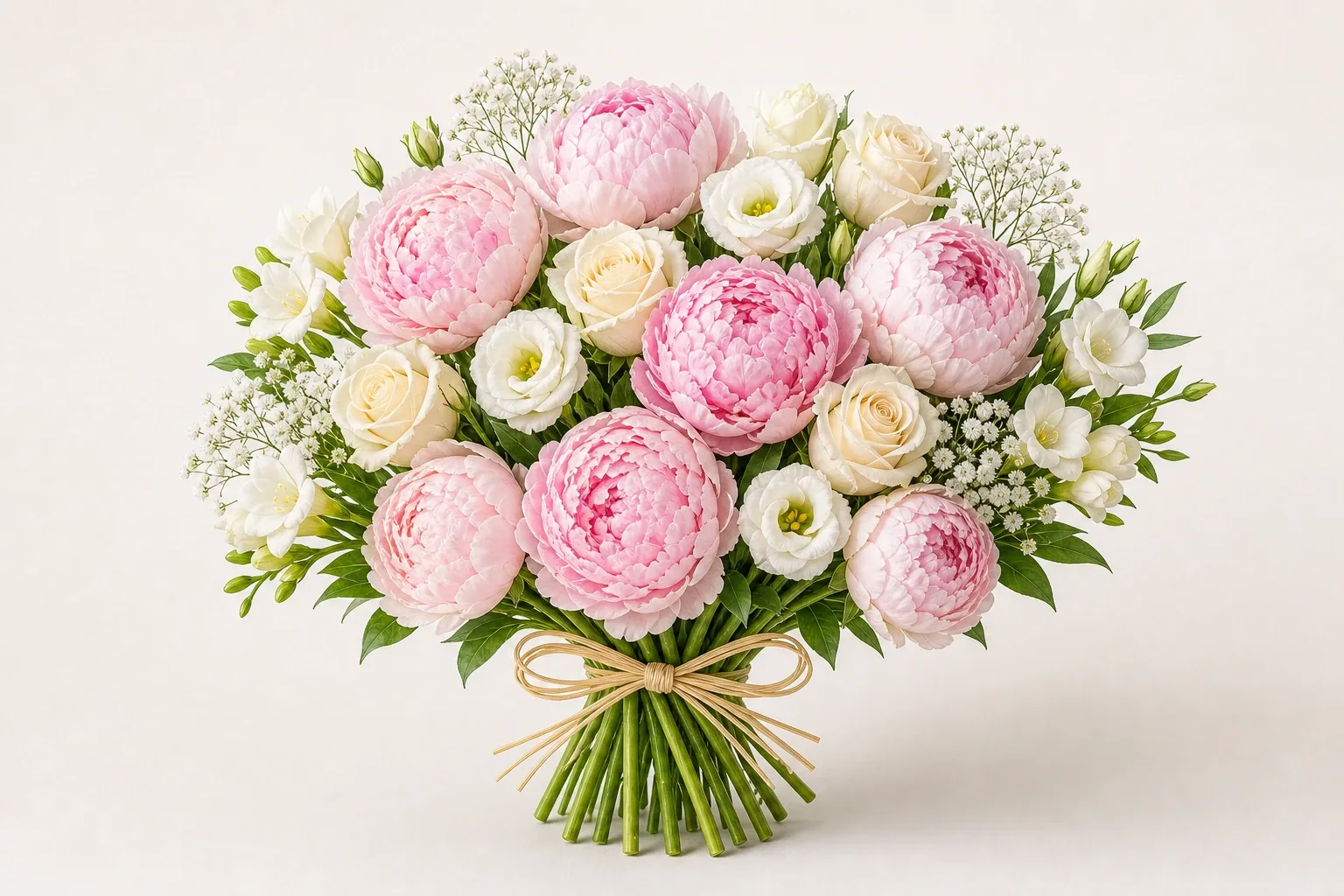 Wedding bouquet of peonies, roses and lisianthus