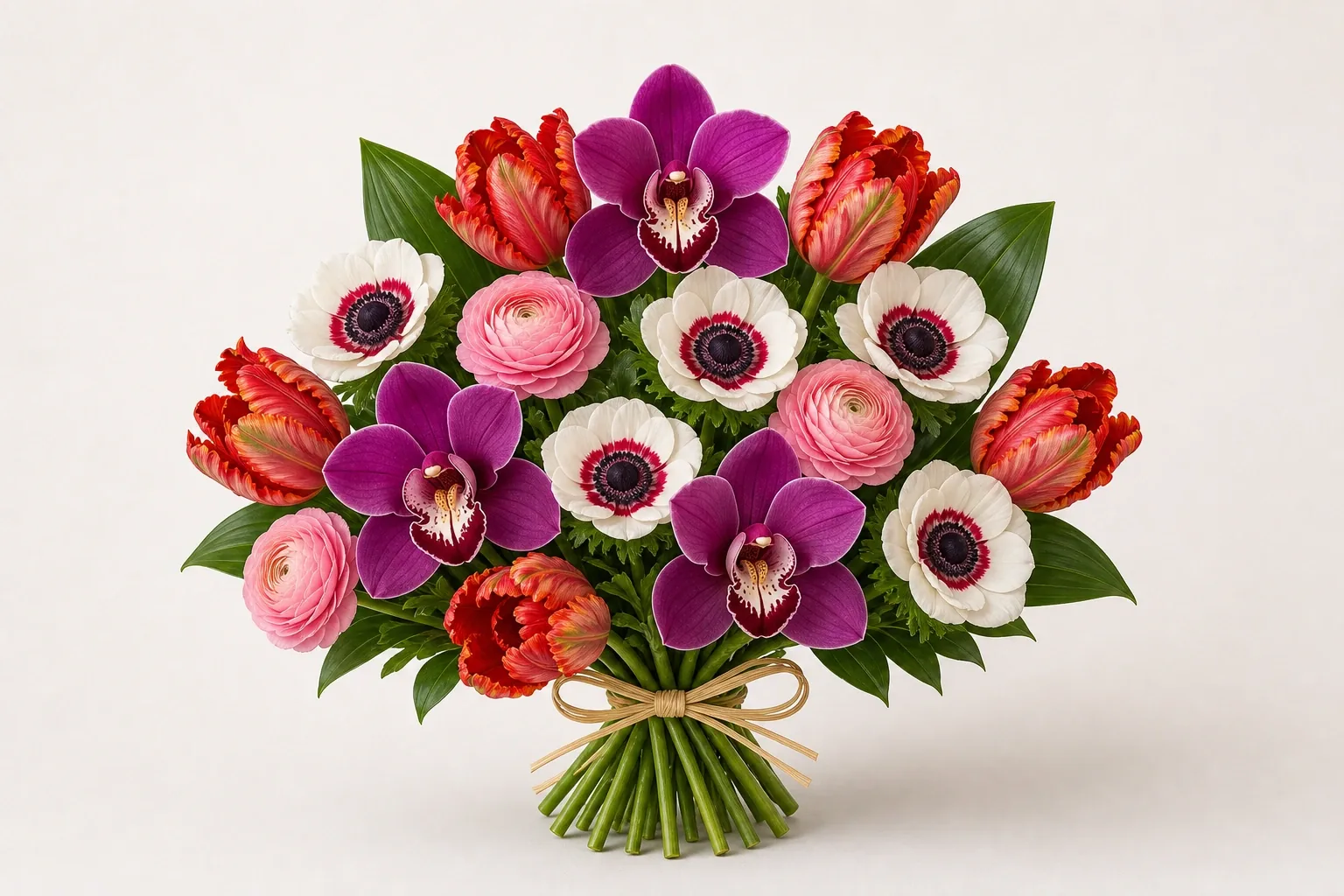 Unusual Valentine bouquet of orchids and anemones