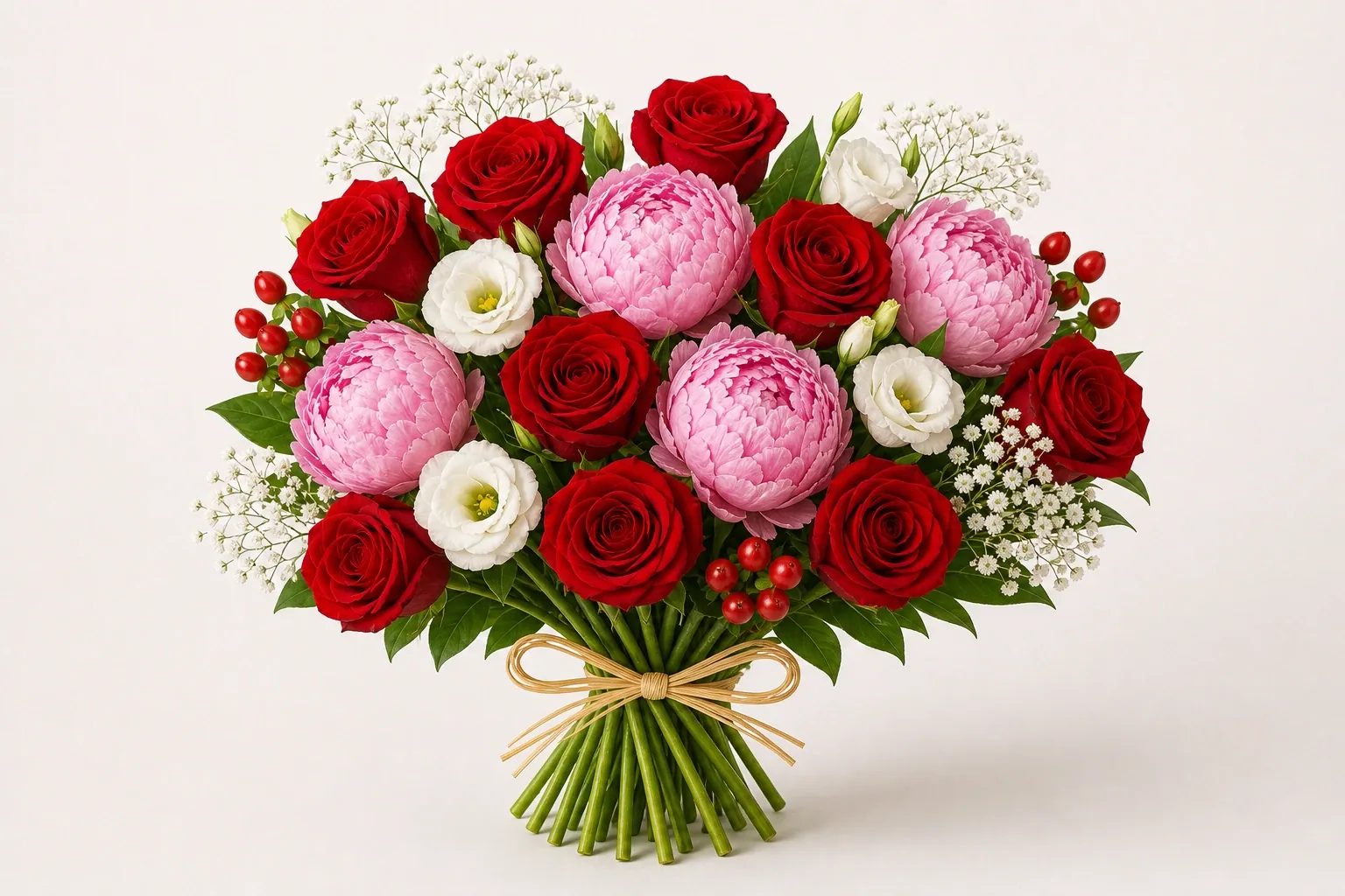 Valentine bouquet of red roses and peonies