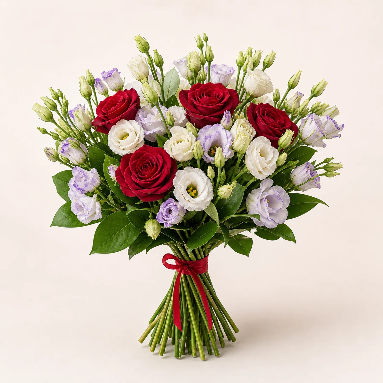 Sweet red roses and colorful lisianthus